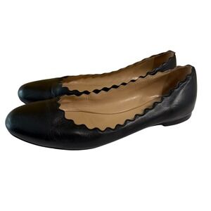 Chloe Lauren Ballet Flats Scallop Leather Size 38.5 US 8.5 Black Slip On